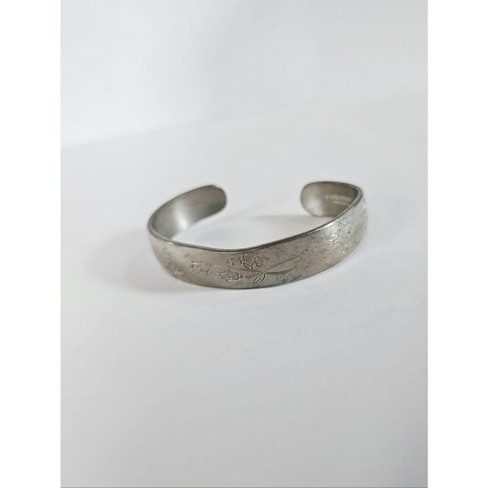 Vintage Kirk Stieff Signed Pewter Floral Engraved Wide Cuff Flexible Bracelet